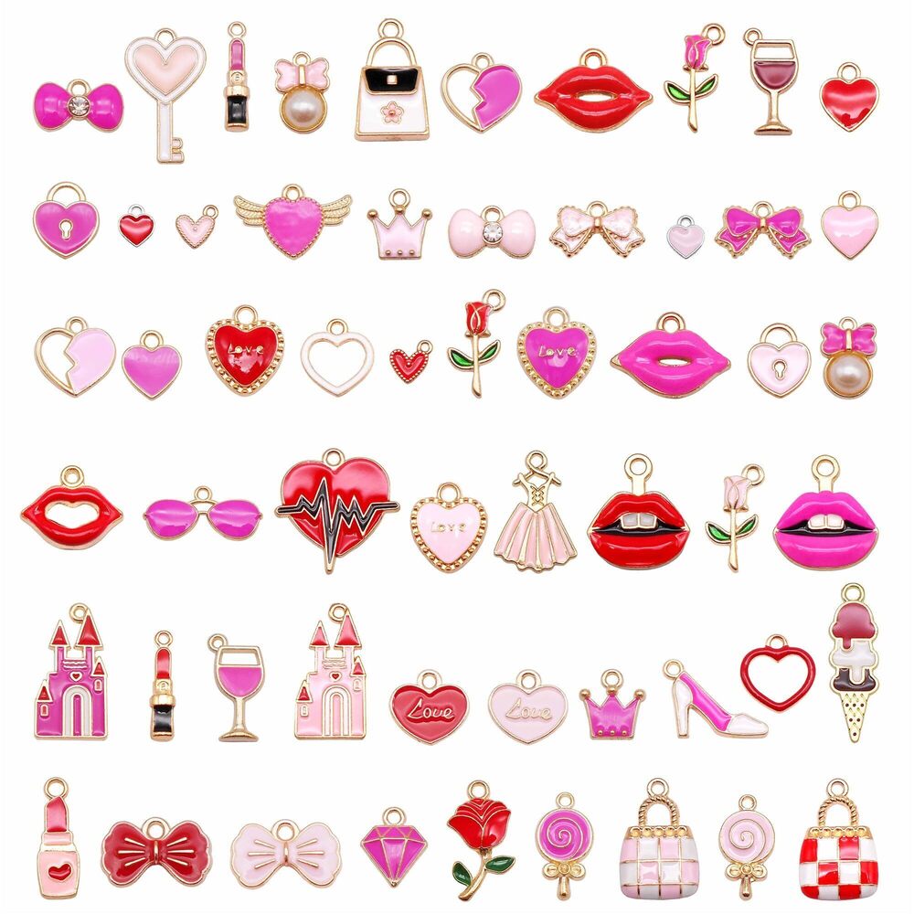 6631 50PCS Alloy Enamel Heart Bow Charms Pink Rose Red Pendants Necklace